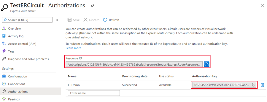 Azure portal - configure authorization showing resource Id and Authorization key