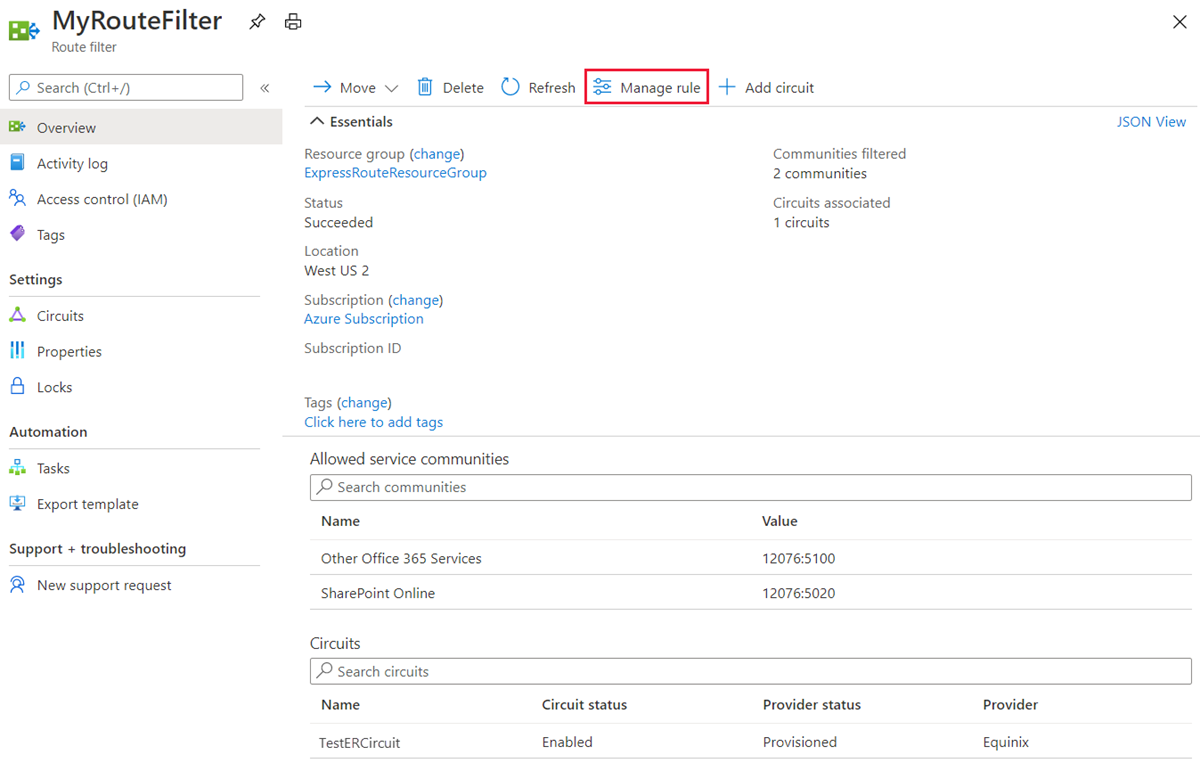 Azure portal - Route filter manage rule