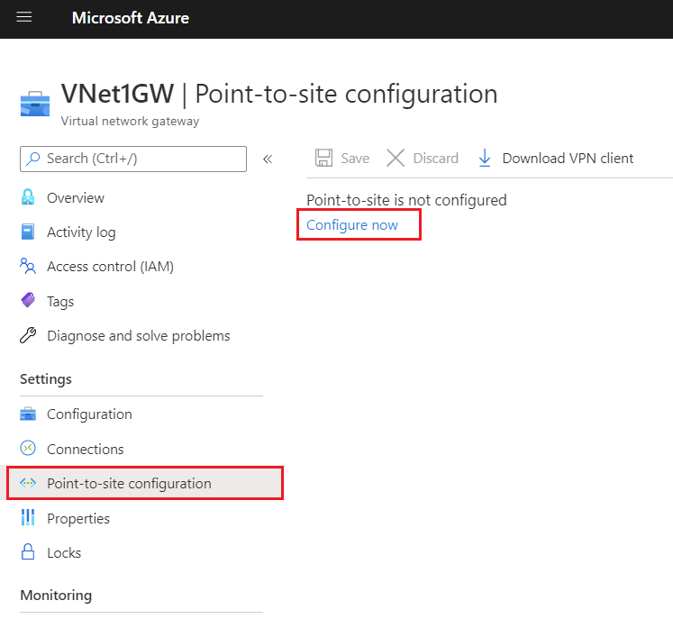 configuration window in the Azure portal for a point to site connection