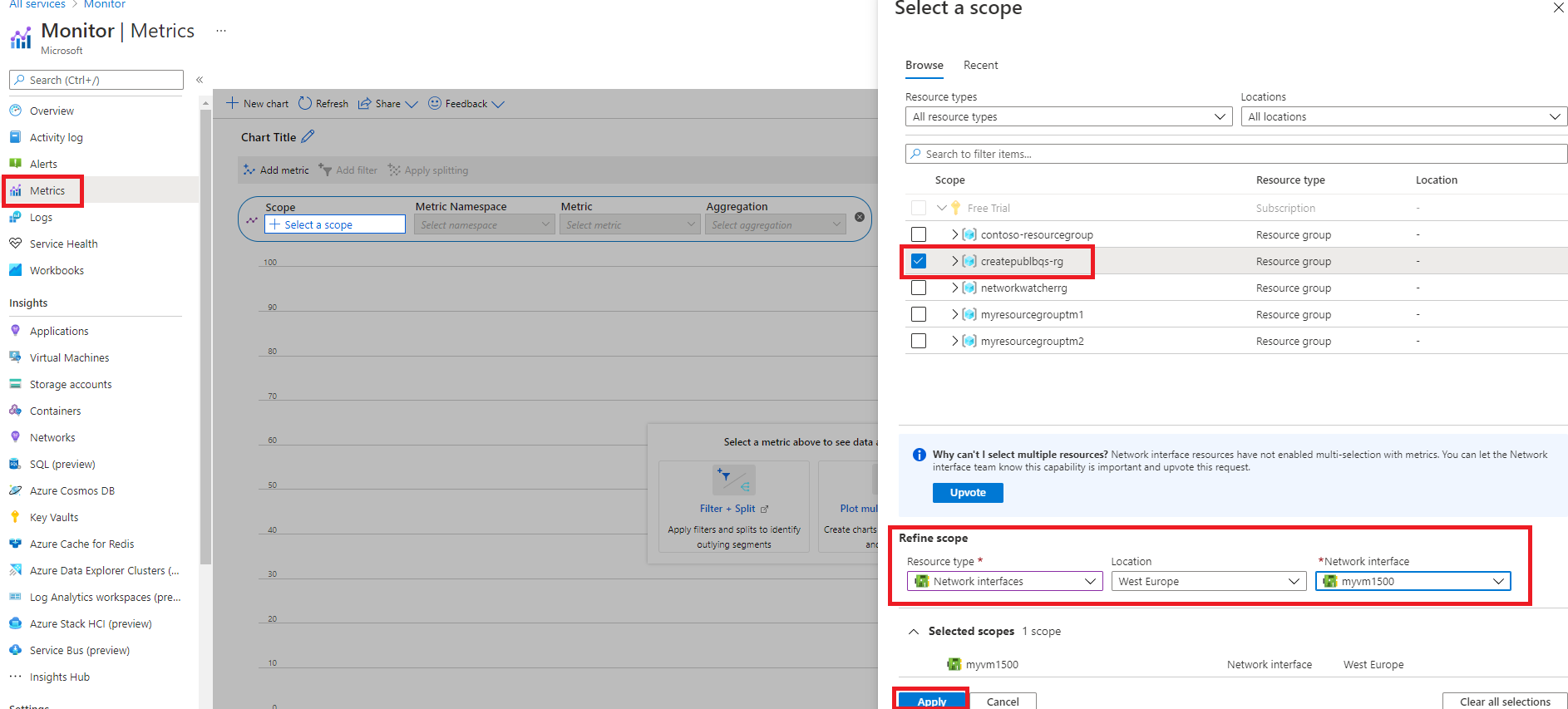 Select a scope pane for metrics on a virtual machine in Azure Monitor