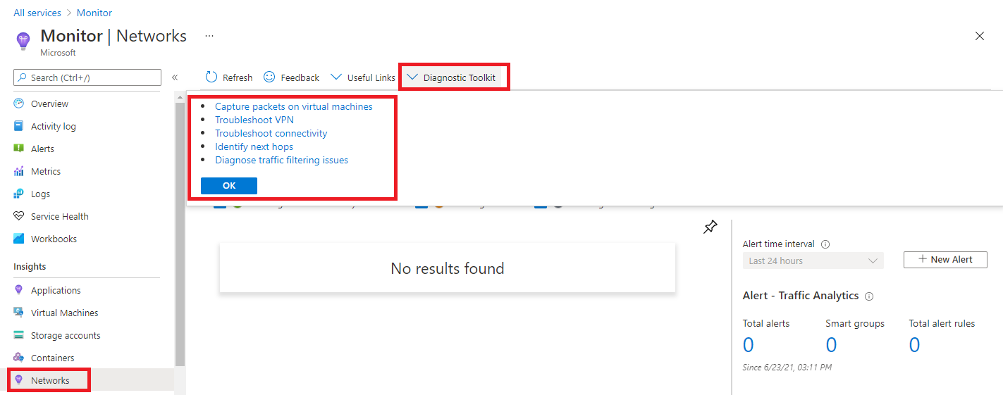 Azure Monitor Network Insights - Diagnostic toolkit highlighted