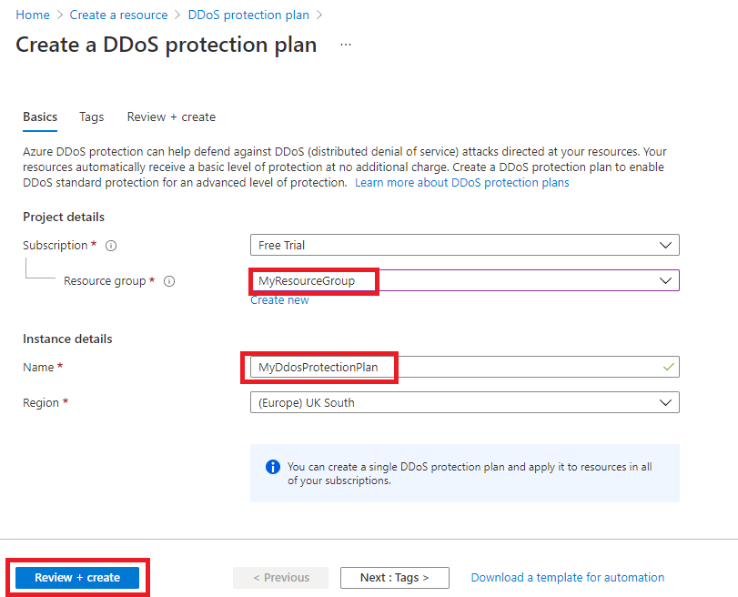 Create DDoS protection plan