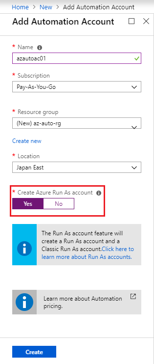 Screenshot of the Add Automation Account blade, with the Yes button for create an Azure automation account highlighted.