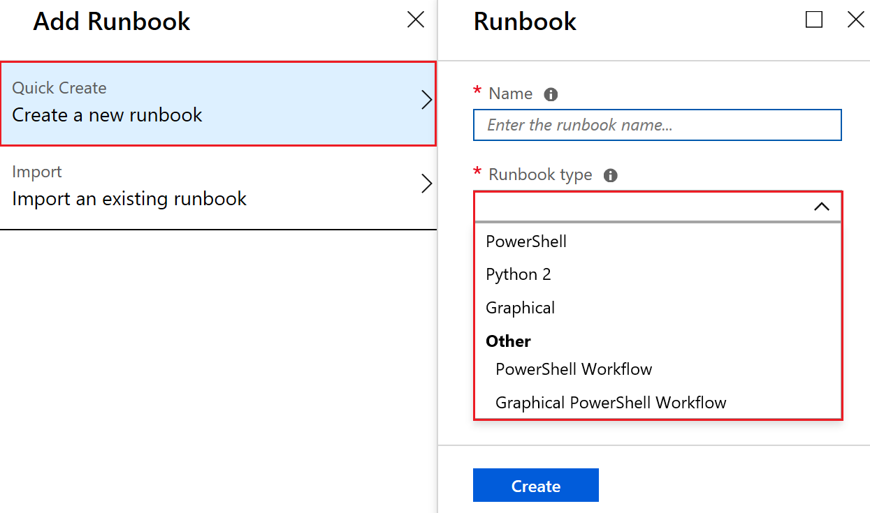 Screenshot of the Add Runbook window. In the left pane, Quick Create, create a new runbook is selected. In the right pane, the runbook type dropdown menu displays options such as PowerShell, Python 2, Graphical, and Other. Under Other is PowerShell Workflow, and Graphical PowerShell workflow.
