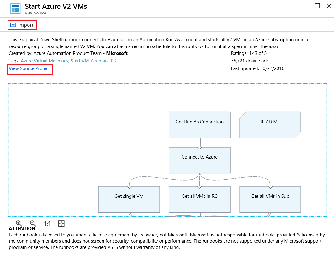 Screenshot of Star Azure V2 VMs runbook in the runbook gallery in Azure Automation. Both the Import and View Source Project options are highlighted. A graphical diagram of the runbook also displays.
