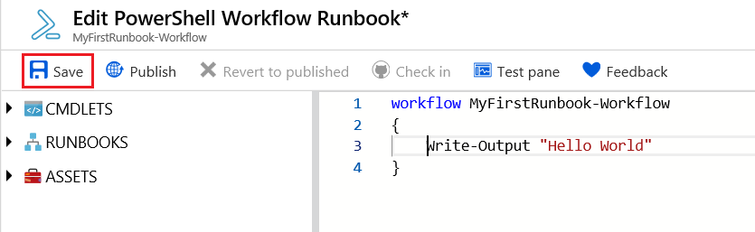 Screenshot of workflow editor containing cmdlets, runbooks, and assets in the left pane, and the sample code on the right for the hello world sample.