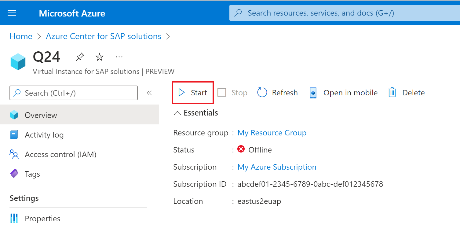 Screenshot of the V I S resource menu in the Azure portal, showing the Start button.