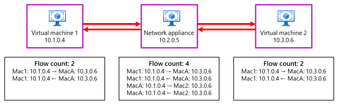 Diagram showing data flows between two virtual machines and a network appliance.