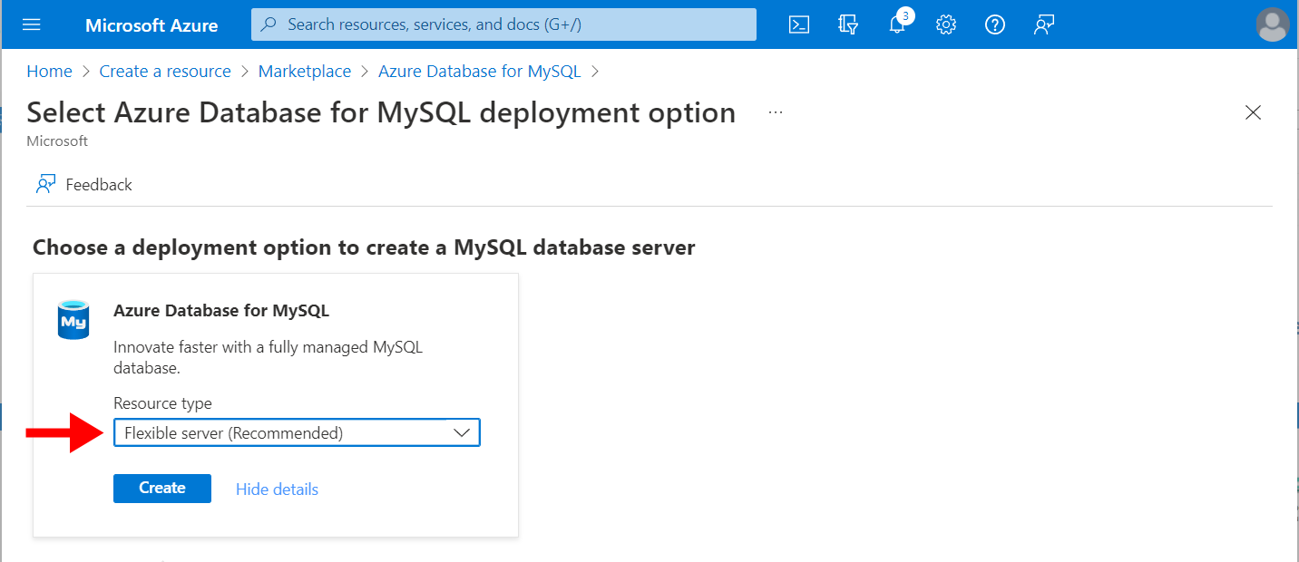 Screenshot showing the Azure Database for MySQL Flexible server (recommended) page.