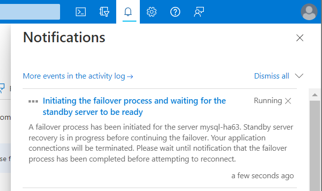 Screenshot showing the Azure Database for MySQL forced failover notification page.