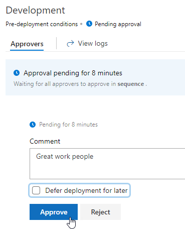 Screenshot of the development approval window.