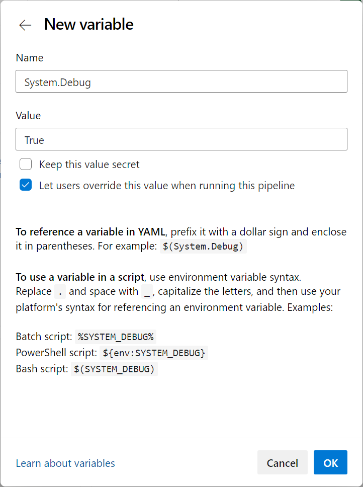 Screenshot of Azure Pipelines showing how to add a new system.debug=true variable.
