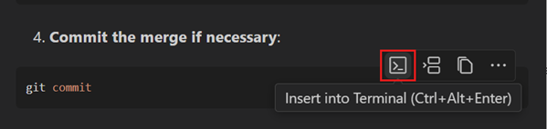 Screenshot of a Copilot Chat code block with Insert into Terminal option visible.