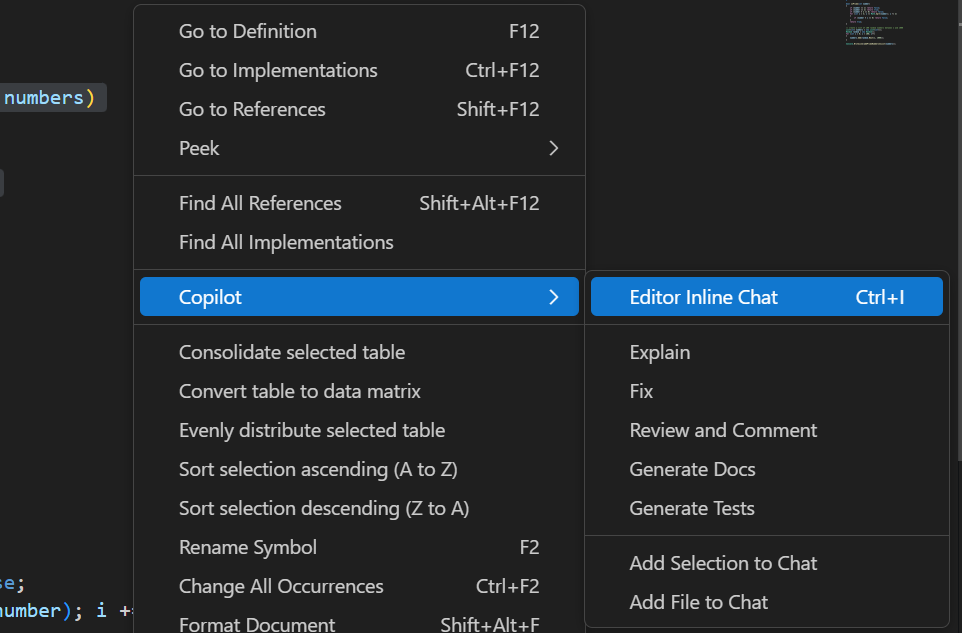 Screenshot showing how to access the inline chat from the Copilot menu in Visual Studio Code.