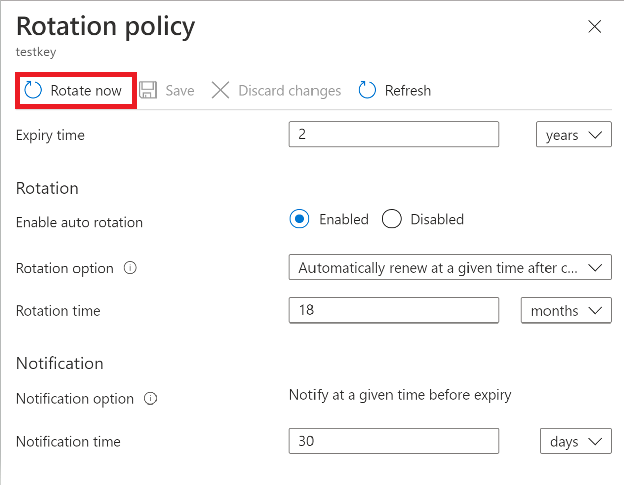 Screenshot showing how to invoke a key rotation policy.