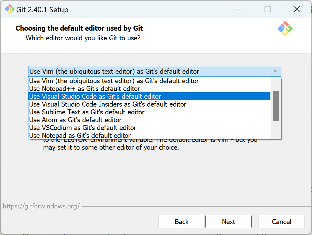 Screenshot of the default editor selection during Git install.