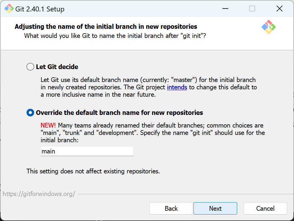 Screenshot of the initial branch default being set to main during Git install.