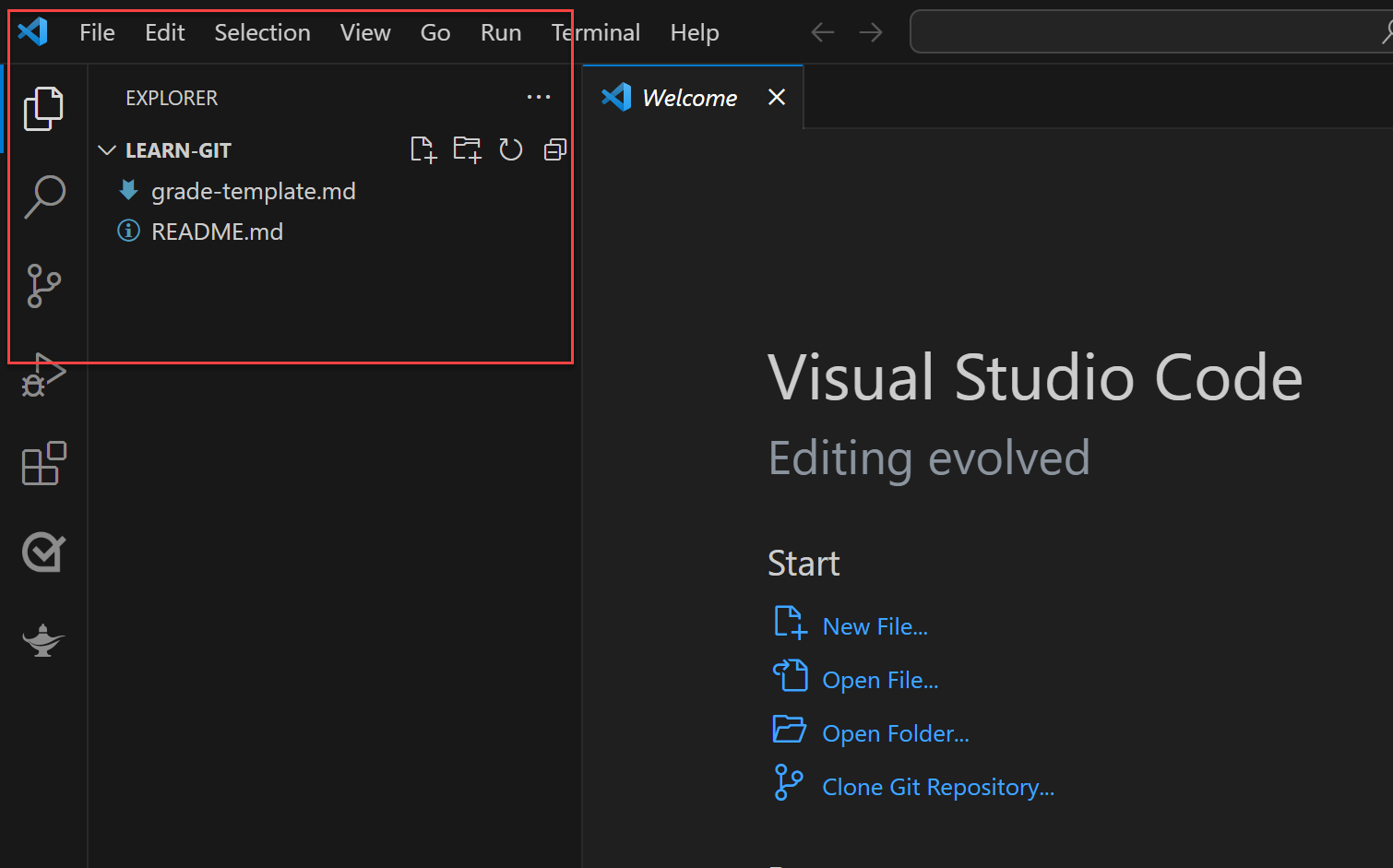 Screenshot of VS Code explorer view with two files from the learn-git repository.