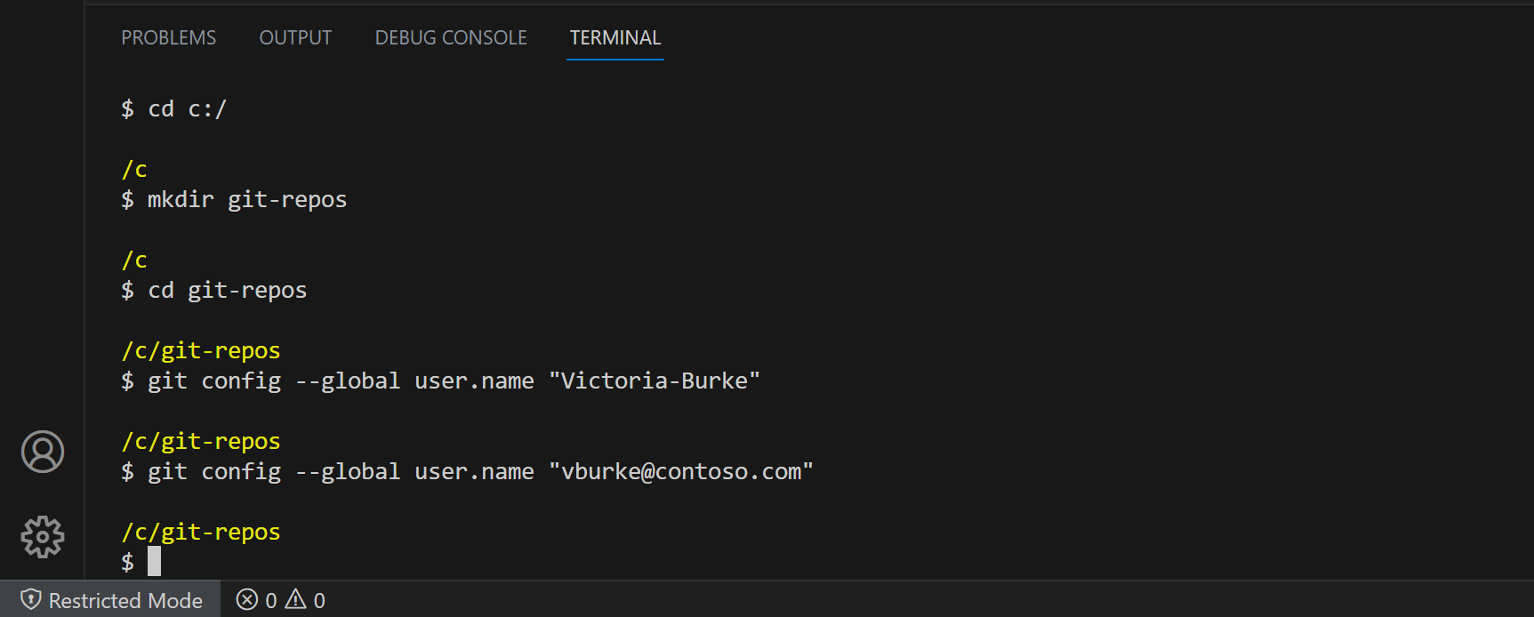 Screenshot of VS Code with the configuration commands run.
