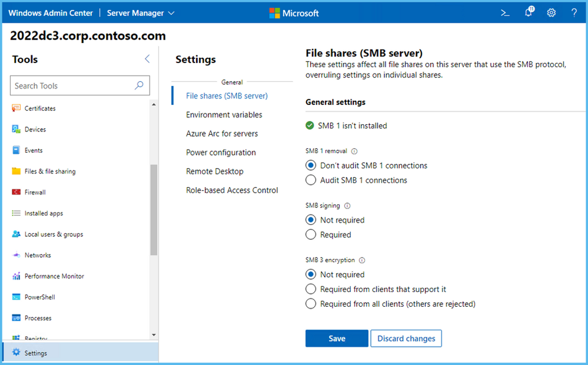 This screenshot displays the General settings for configuring SMB file shares in Windows Admin Center.