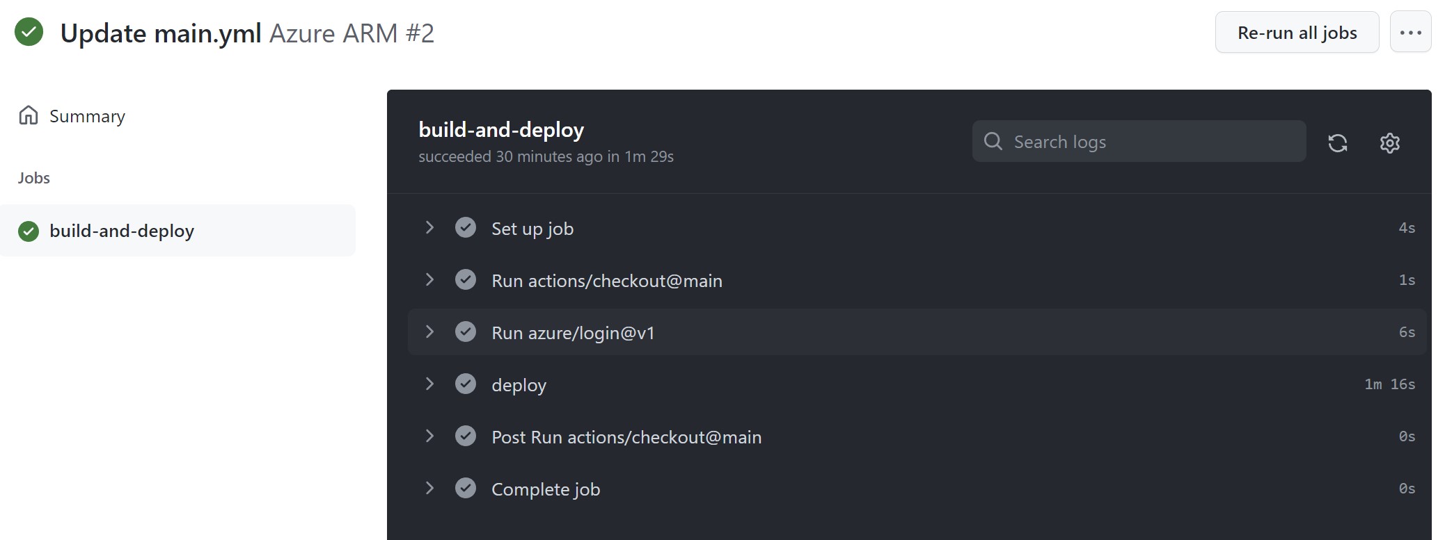 Screenshot of GitHub action successful executed job.