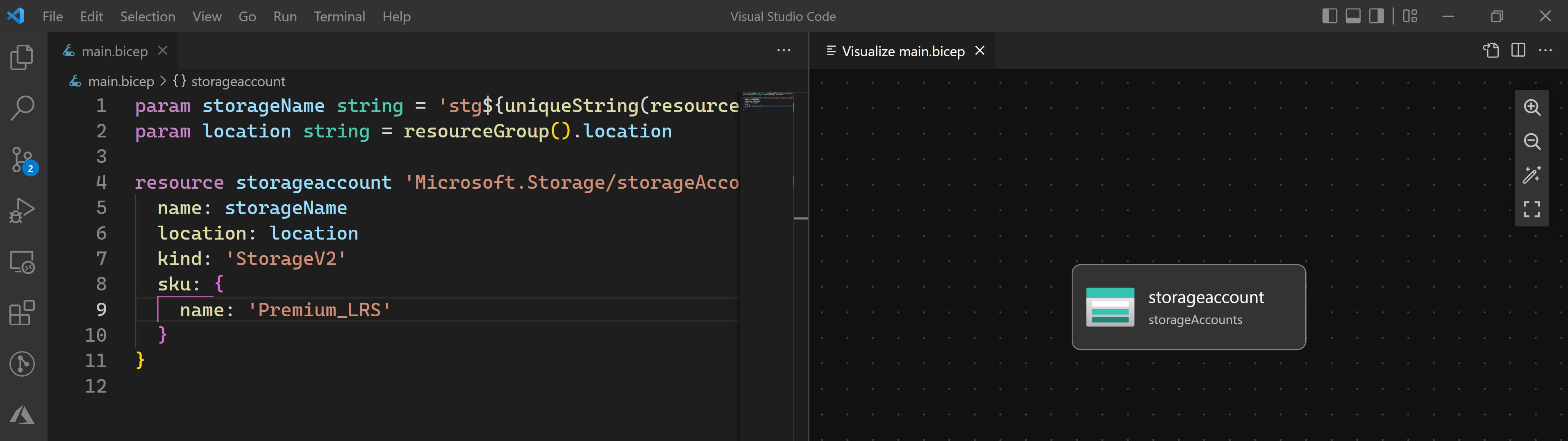 Screenshot of V S Code feature to make a representation of Bicep resources.