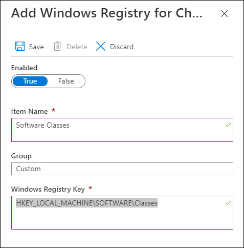 A screenshot of the Add Windows Registry for Change Tracking blade. The administrator has added an entry for HKEY_LOCAL_MACHINE\SOFTWARE\Classes.