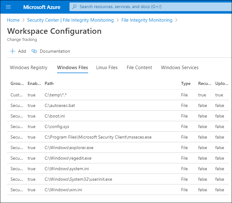 A screenshot of the Workspace Configuration page, with the Windows Files tab (selected).