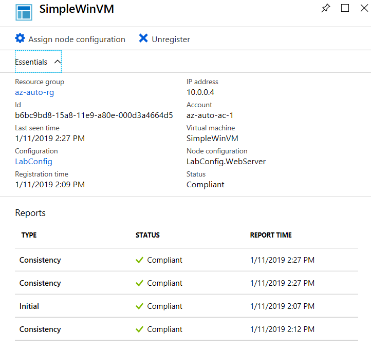 Screenshot of the node properties pane with multiple configurations reports listing their status and report time.