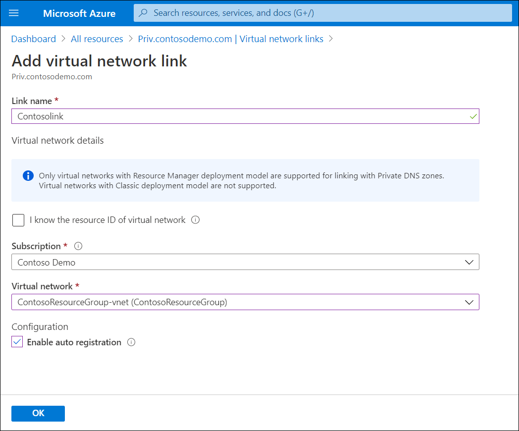 A screenshot of the Add virtual network link page in the Azure portal. The administrator has entered the Link name of Contosolink. The selected virtual network is ContosoResourceGroup-vnet (ContosoResourceGroup).