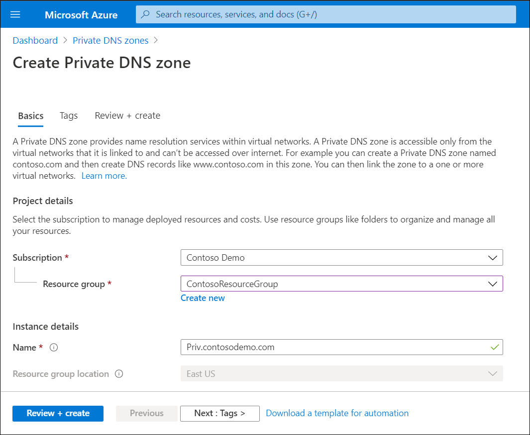 A screenshot of the Create Private DNS zone page in the Azure portal. The administrator has selected the ContosoResourceGroup and entered the Name of Priv.contosodemo.com.