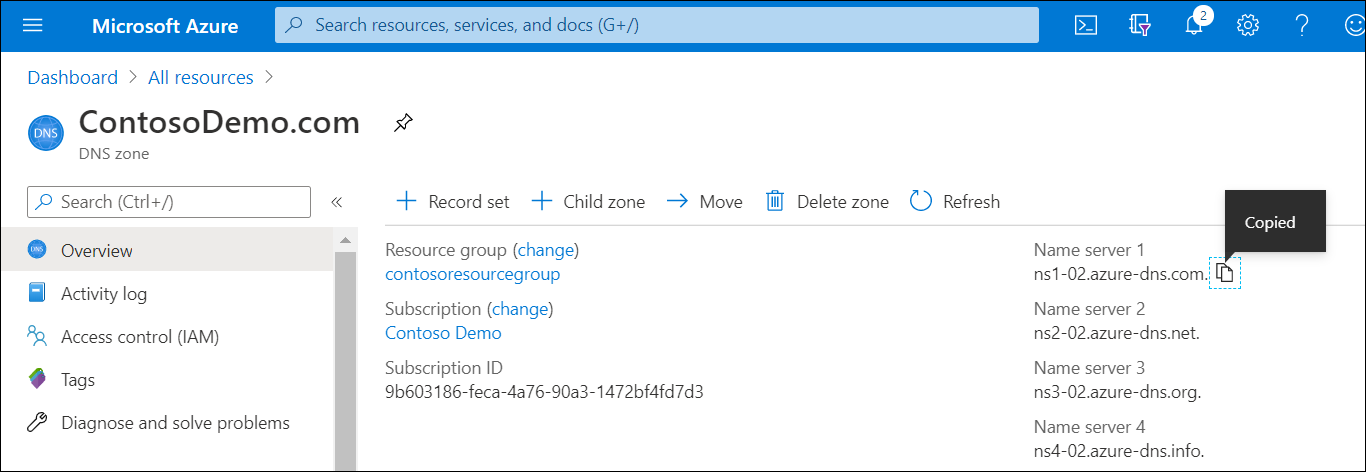 A screenshot of the ContosoDemo.com DNS zone. The administrator has selected the overview page, and a list of available name servers that can service this zone are listed, including ns1-02.azure-dns.com.
