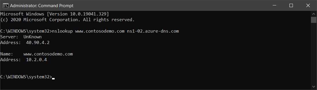 A screenshot of the Administrator: Command Prompt window. The administrator has executed the nslookup www.contosodemo.com ns1-02.azure-dns.com command, and the petitioned DNS server has responded with the record for www.contosodemo.com: 10.2.0.4.