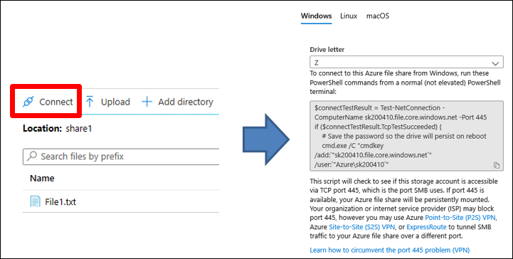 A screenshot of the script that the Azure portal provides for connecting to an Azure file share, and Connect is selected.