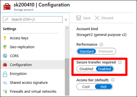 Screenshot of the Secure transfer required setting for an Azure storage account. The setting is enabled.