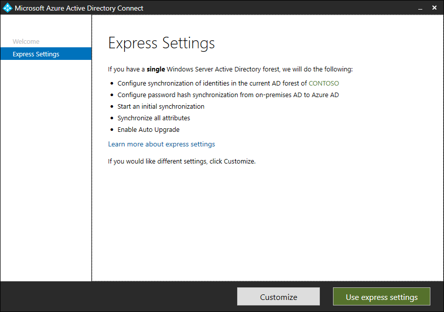 A screenshot of the Microsoft Entra Connect Wizard's Express Settings page. The administrator can choose Customize or Use express settings. The current AD forest is CONTOSO..