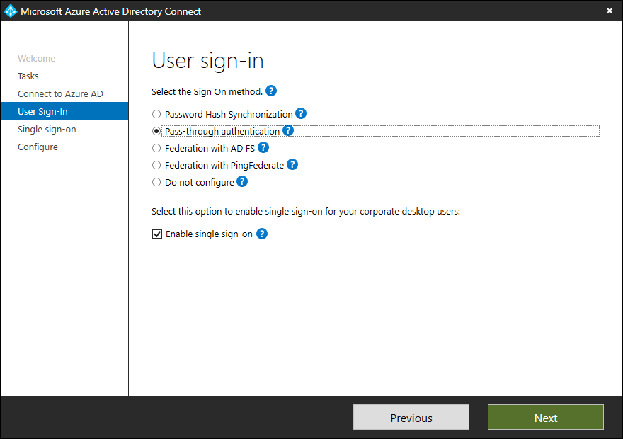 A screenshot of the Microsoft Entra Connect Configuration Wizard, User Sign-In page. The administrator has selected Pass-through authentication and also the Enable single sign-on check box.