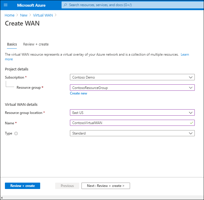 A screenshot of the Create WAN blade, Basics tab. The administrator has configured the basic properties of subscription, resource group, and location. The Name is defined as ContosoVirtualWAN, and the Type is Standard.