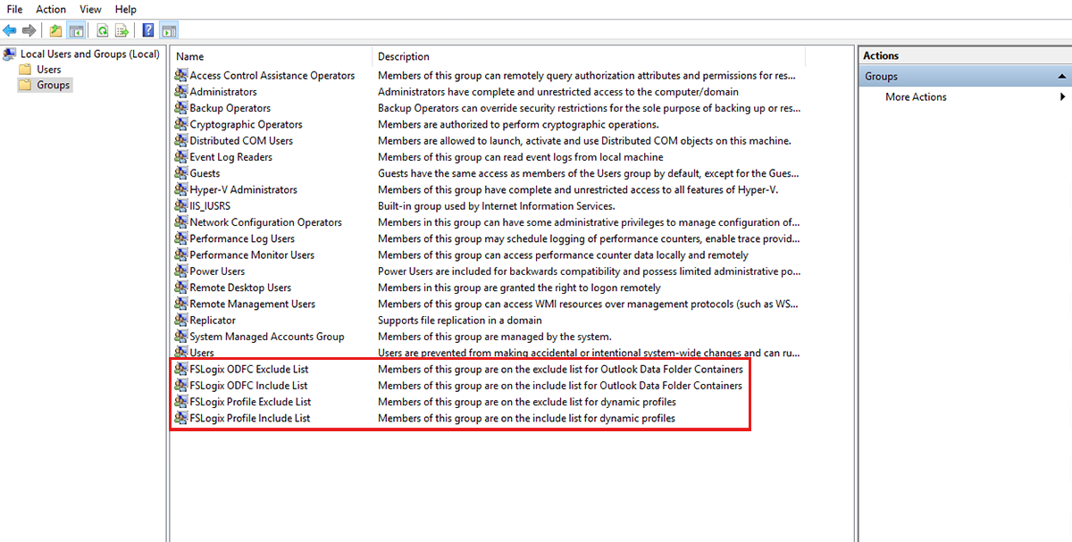 Screenshot of the FSLogix Groups with exclude and include.