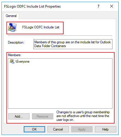 Screenshot of the FSLogix include list properties for Outlook data folder containers.