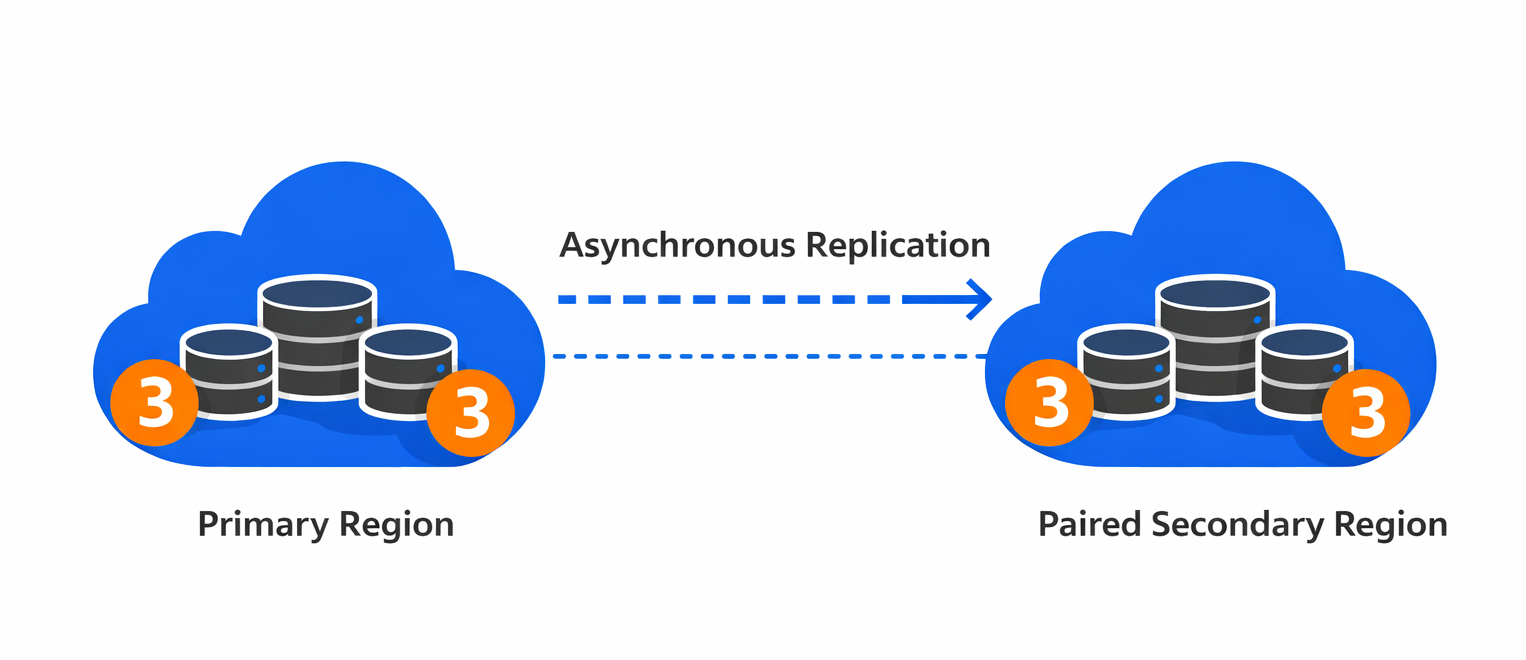 Diagram shows how Azure automatically maintains six copies of data with three in the primary region.