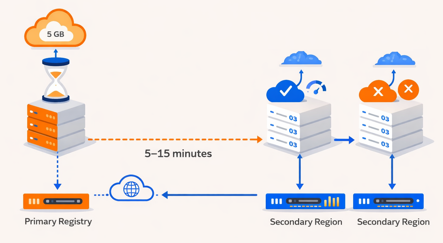 Diagram of how flow exists in the primary registry but not in all replicas.