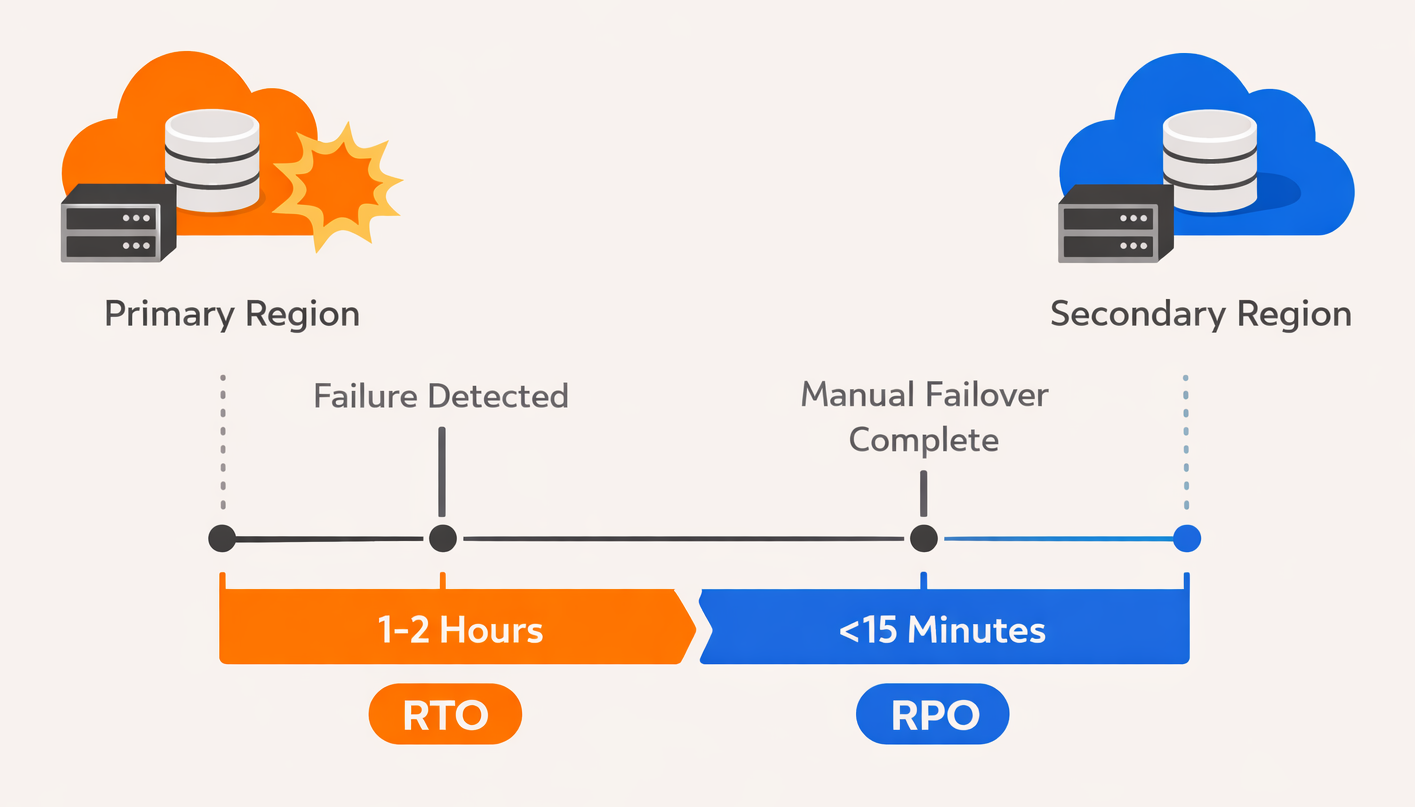 Diagram showing the maximum acceptable downtime during recovery and recovery point objective.