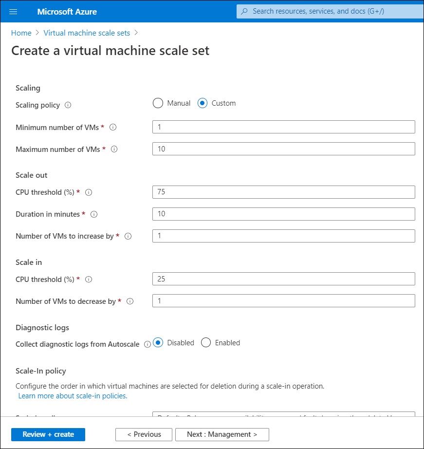 A screenshot of the Create a virtual machine scale set blade. The administrator is configuring the Scaling tab, and has selected Custom, which results in more options being available.