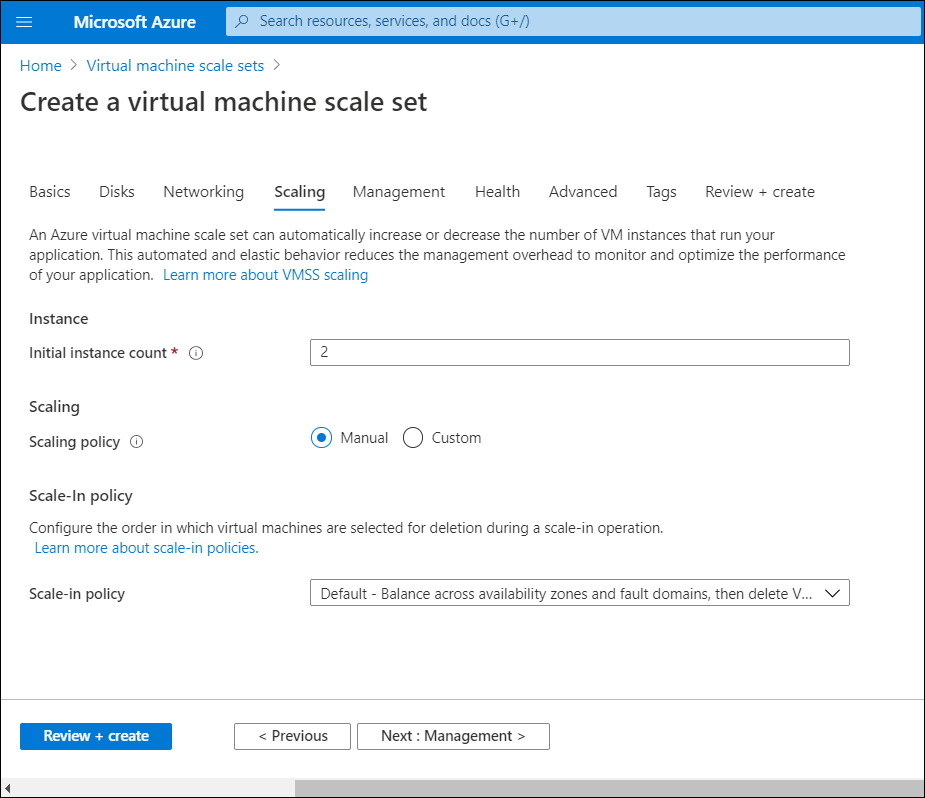 A screenshot of the Create a virtual machine scale set blade. The administrator has selected all default settings on the Scaling tab.