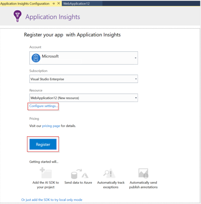 Screenshot of the Application Insights Configuration.