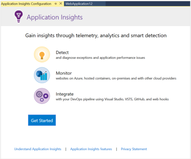 Screenshot of the Application Insights Get Started.