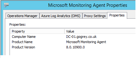 Screenshot of the Microsoft Monitoring Agent Properties with computer name, property name, and product version information.