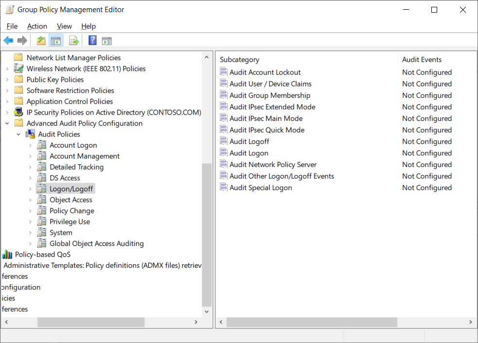 This screenshot displays the Group Policy Management Editor. The Logon/Logoff category is selected and eleven subcategories are displayed.