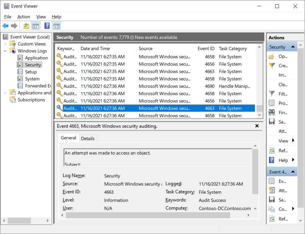 This screenshot displays the Event Viewer console in Administrative Tools. Windows Logs\Security is expanded with the Security log selected. An event of ID 4336 is highlighted.